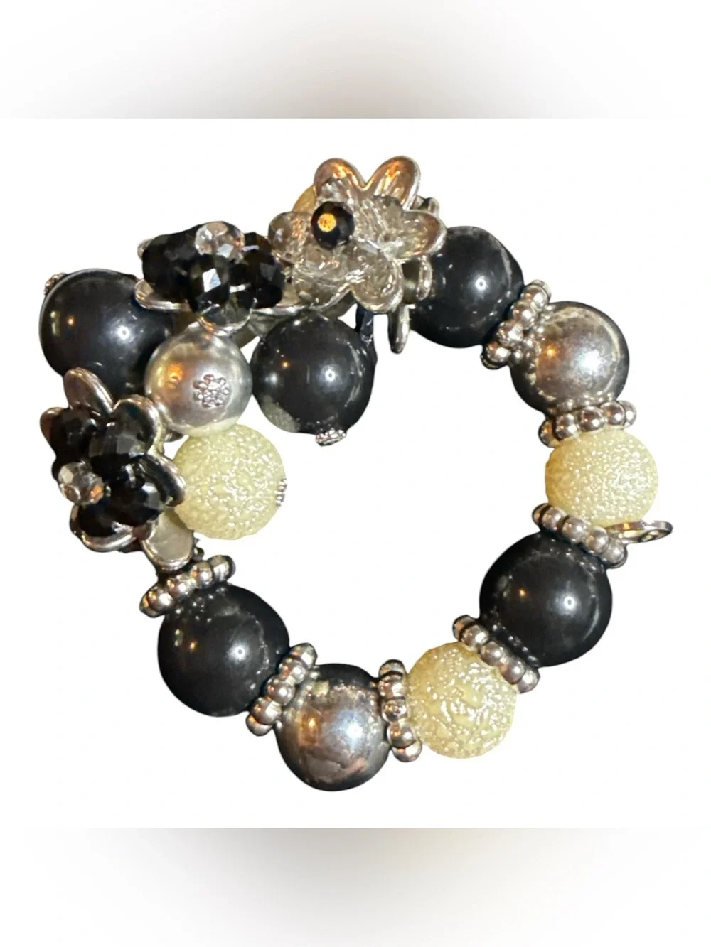 Boutique Chunky Black & Ivory Stretch Statement Bracelet Faux Pearl Crystal EUC
